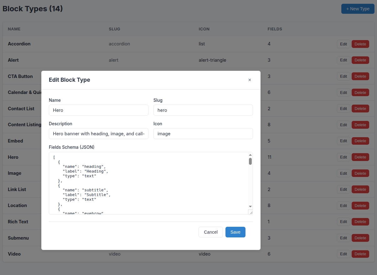 WollyCMS block editor showing field editing for a hero block with heading, description, and CTA fields