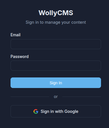 WollyCMS login page with Google OAuth sign-in button