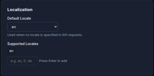 WollyCMS localization settings showing supported locales configuration