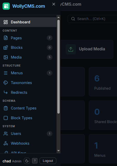 WollyCMS admin on mobile showing hamburger menu and responsive layout