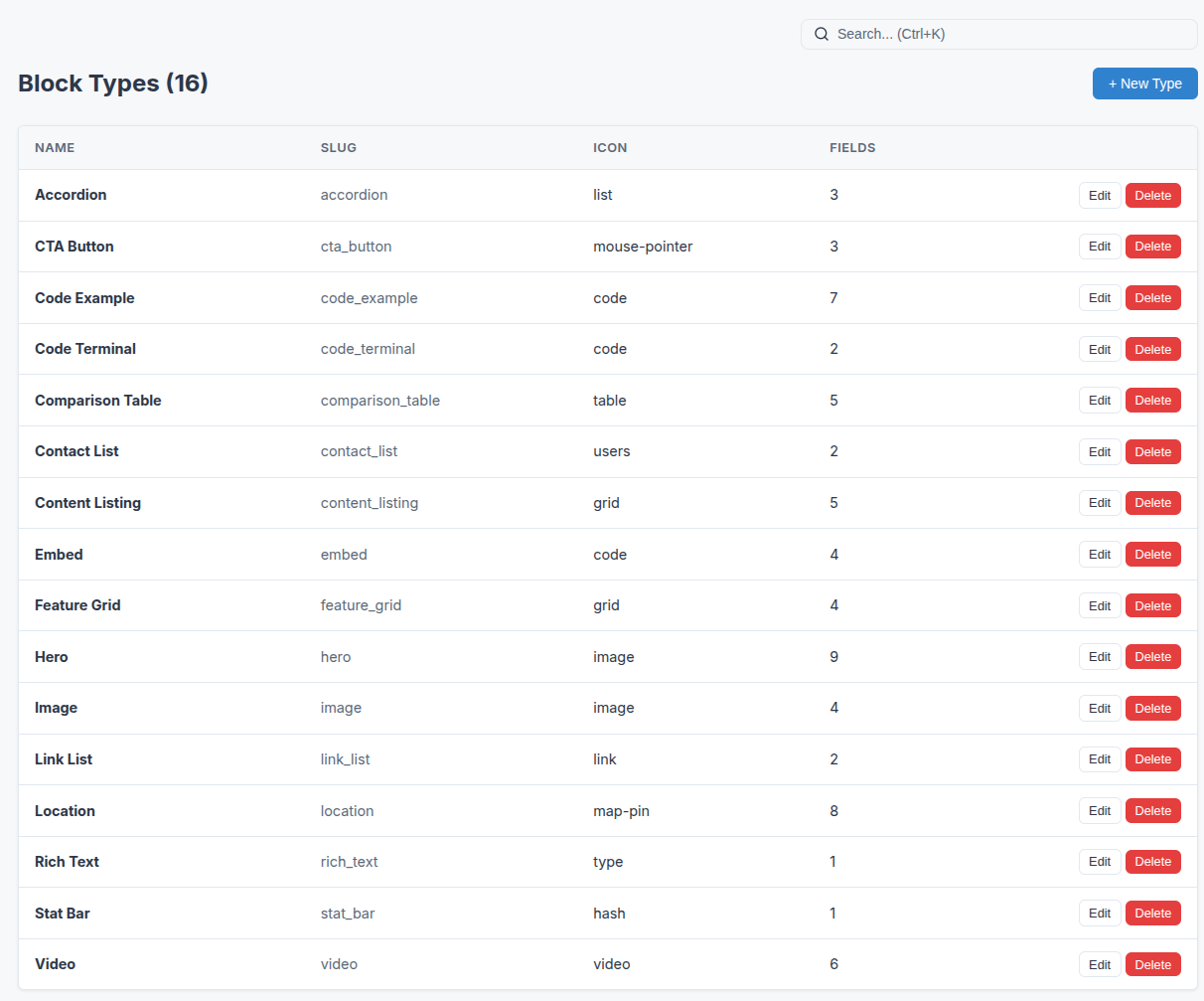 WollyCMS block types list showing all available block types including Hero, Rich Text, Accordion, Code Terminal, and more