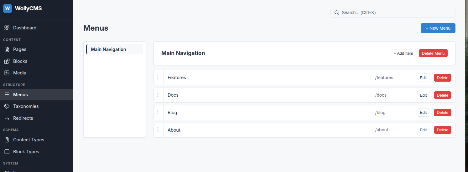 WollyCMS menu editor showing hierarchical navigation tree with nested menu items and drag-and-drop reordering