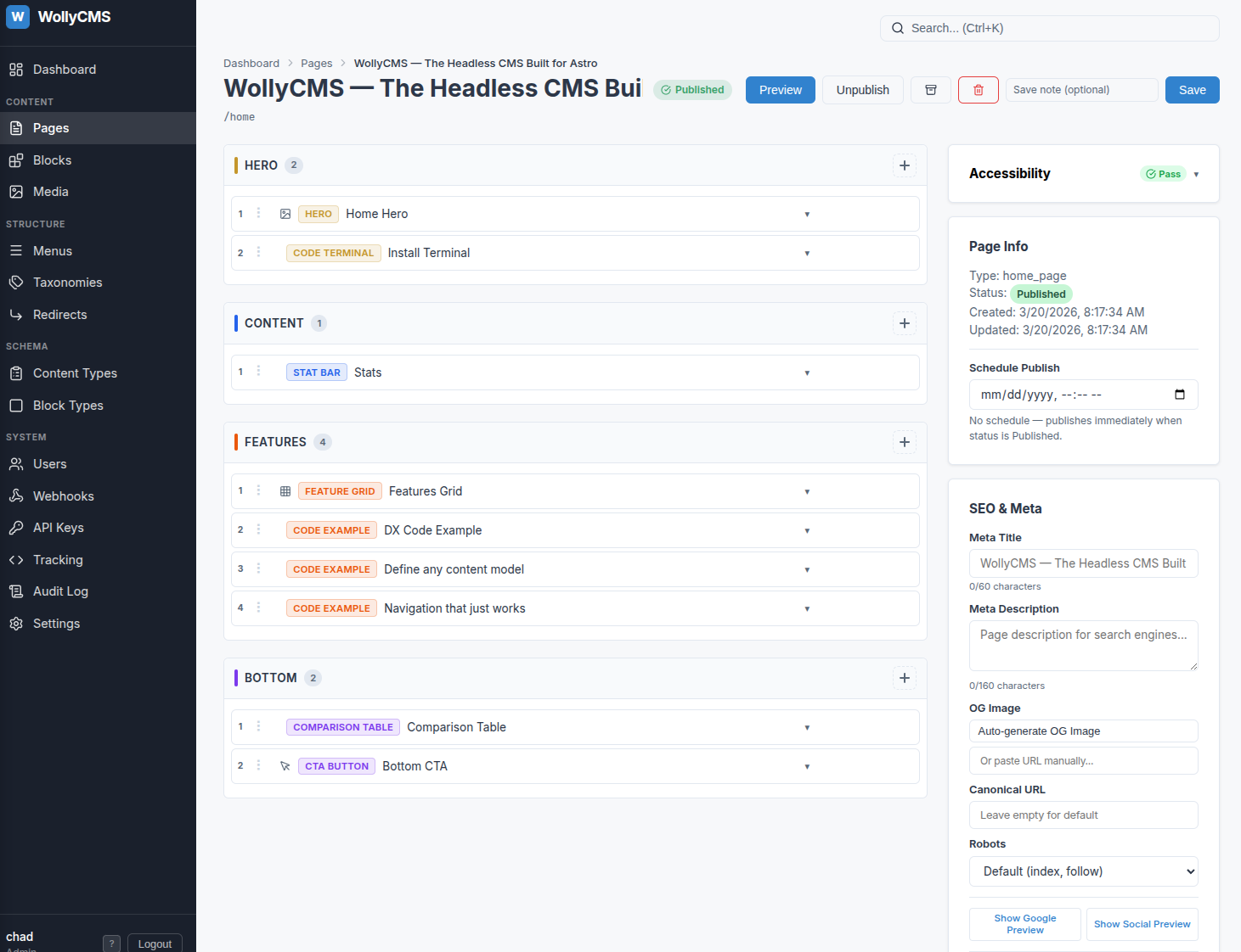 WollyCMS page editor showing the homepage with named regions containing Hero, Code Terminal, Stat Bar, Feature Grid, and other block types