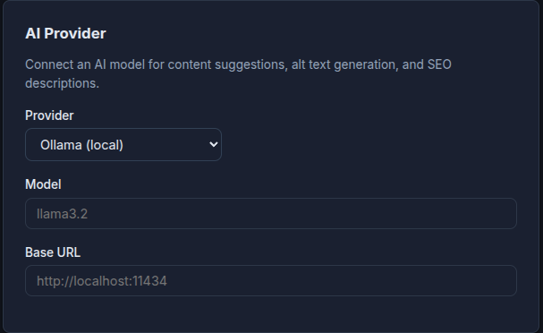 WollyCMS AI provider settings showing OpenAI, Anthropic, Gemini, and Ollama options
